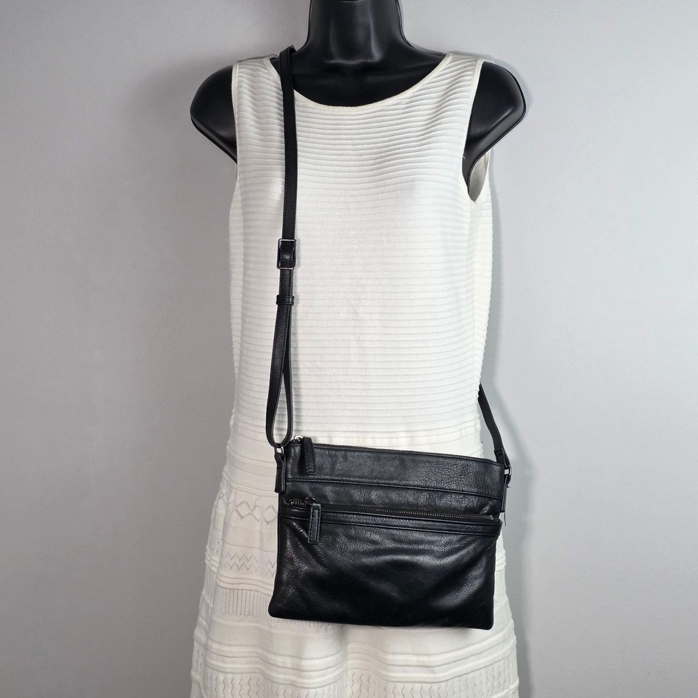 Margot New York Black Leather Crossbody Bag Slim Multi Zip Messenger Purse